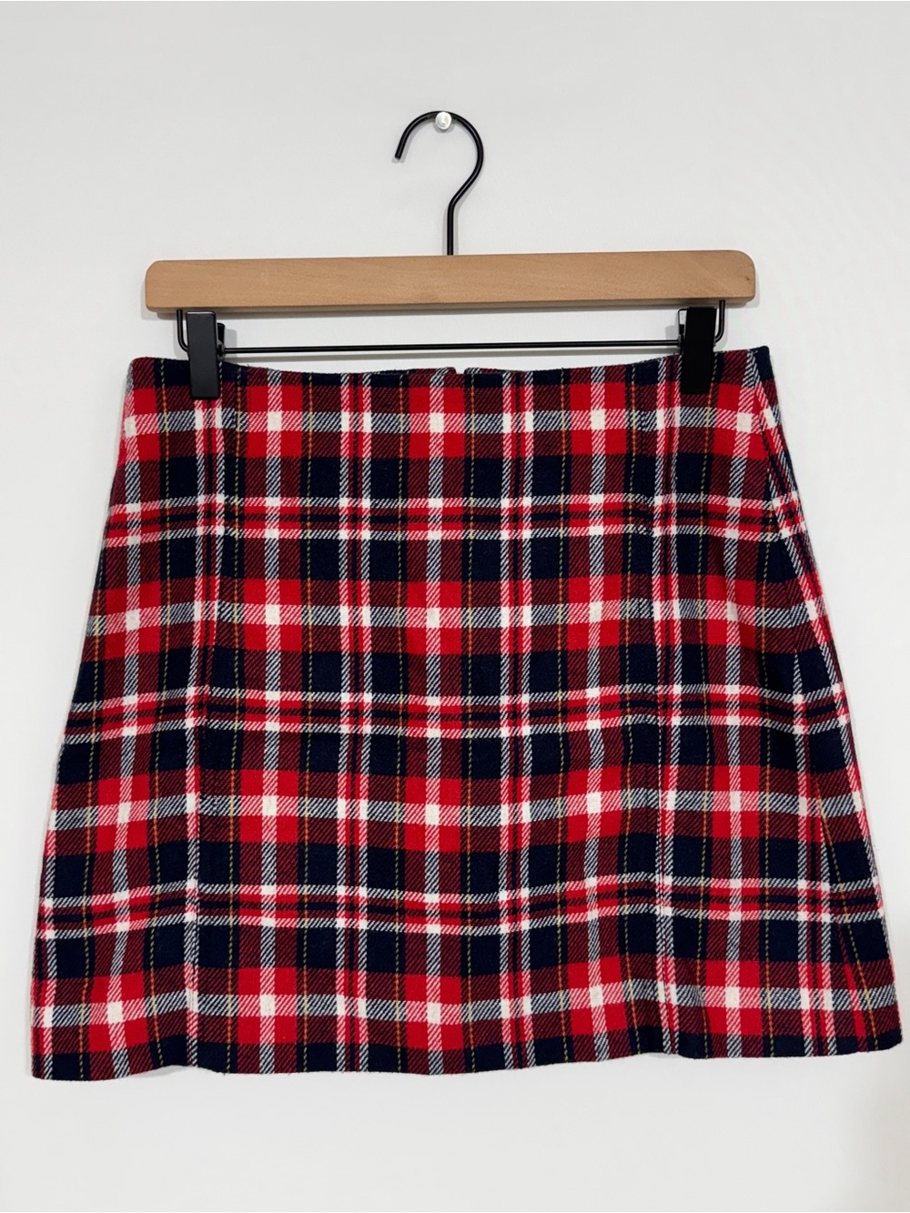 WSK79 {J. Crew} Red Blue White Plaid Wool Mini Skirt